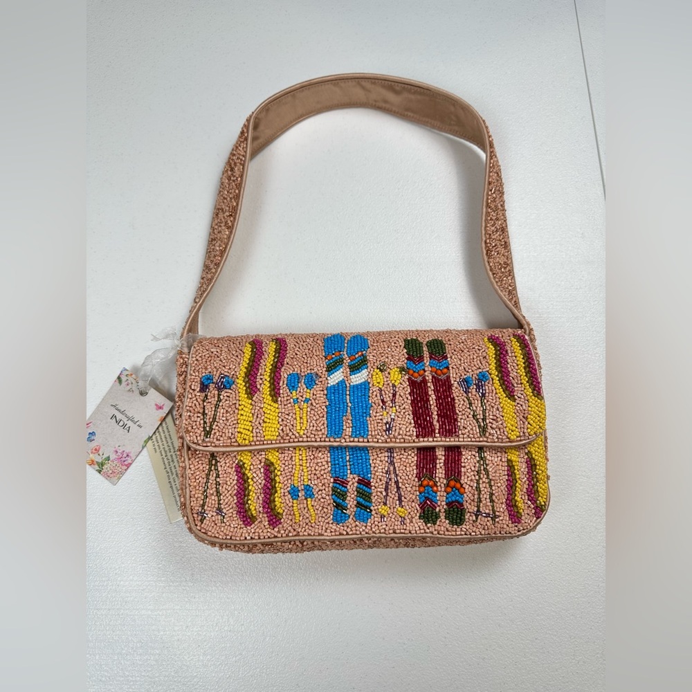 Handcrafted in India Peach Ski Beaded Clutch Shoulder Purse Bag NWT Viral